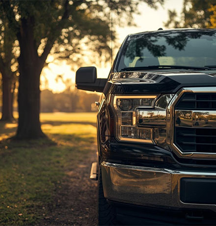 Dark truck on a gravel road.