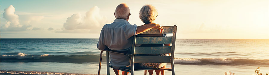 Elderly couple sitting in chairs on the beach looking out over the ocean.
